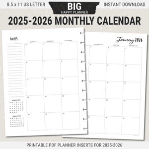 Calendario mensual Happy Planner 2025-2026 con insertos, páginas imprimibles y descarga digital en PDF.