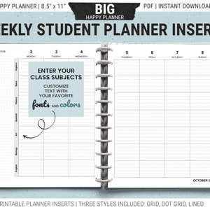 May include: Printable weekly student planner inserts for a Big Happy Planner. The planner has a white background with black lines and a gray header. The header says "Enter your class subjects" and "Customize text with your favorite fonts and colors". The planner is for October 2023.