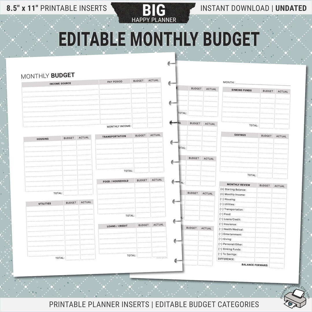 Editable BIG Happy Planner Monthly Budget Inserts, Printable Finance ...