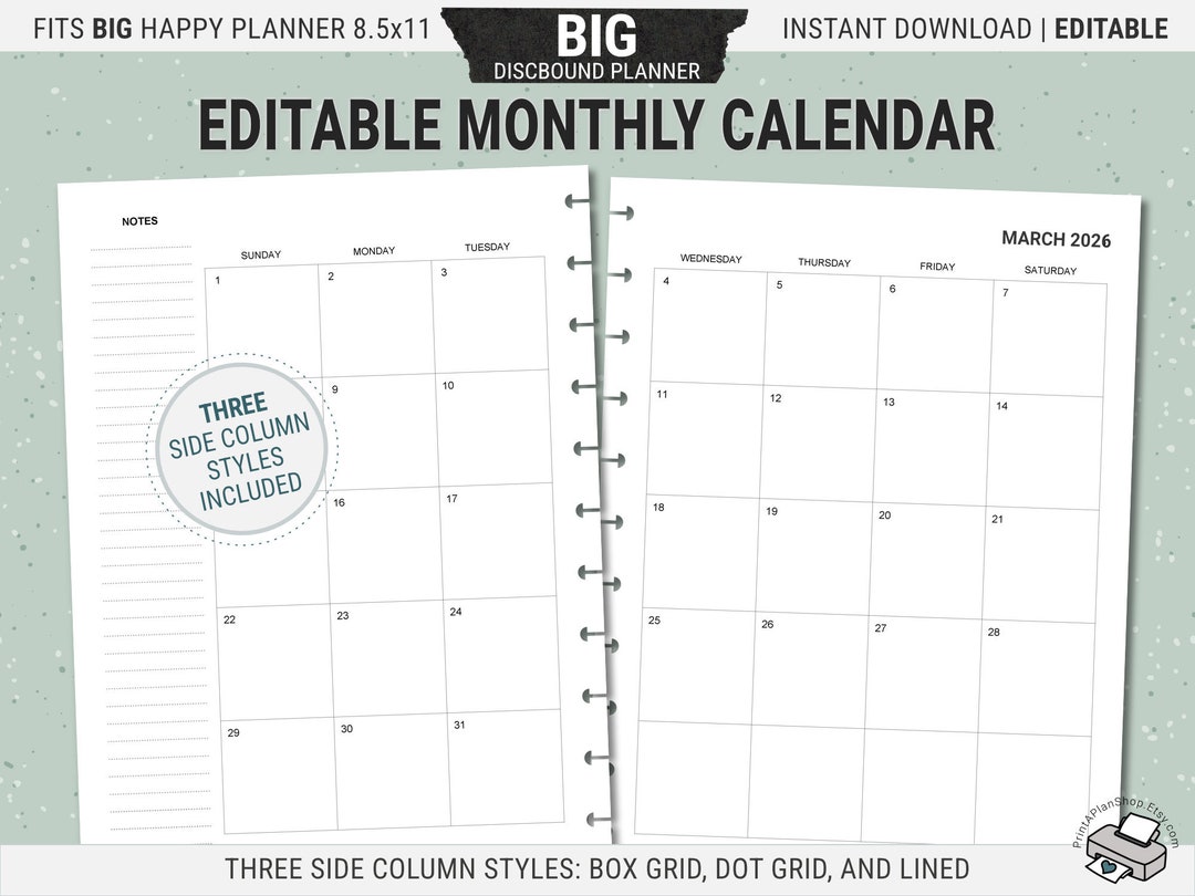 Editable BIG Happy Planner Calendar Inserts, Printable Monthly Planner ...