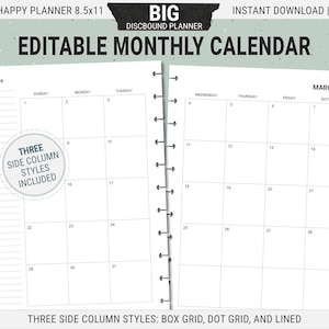 Editable BIG Happy Planner Calendar Inserts, Printable Monthly Planner Pages, Undated, Digital Download PDF