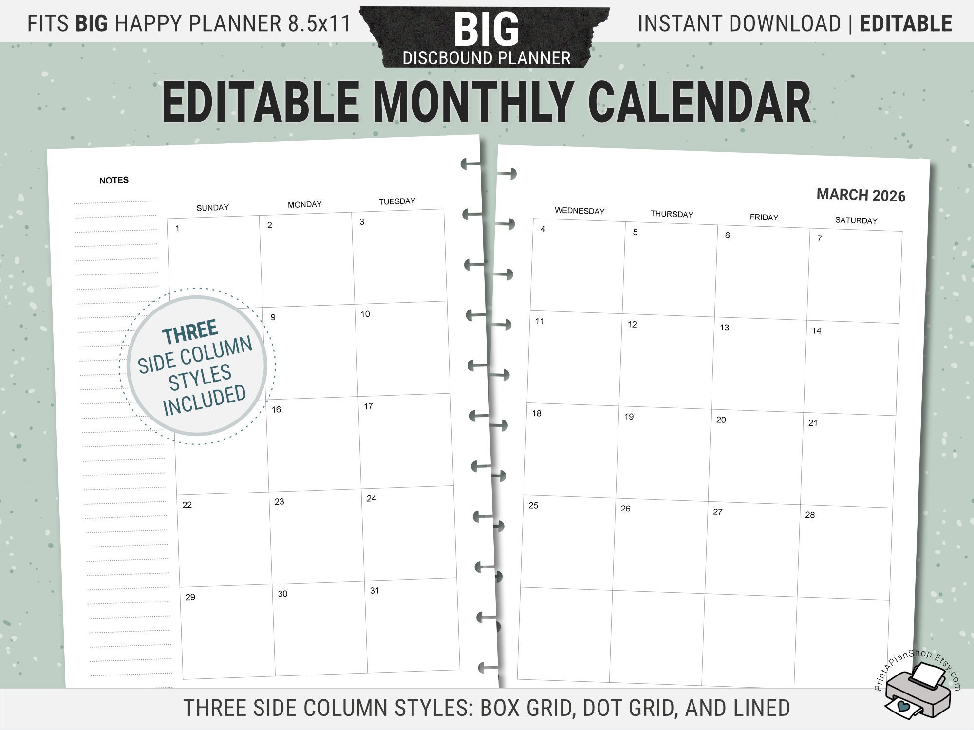 Editable BIG Happy Planner Calendar Inserts, Printable Monthly Planner Pages, Undated, Digital Download PDF