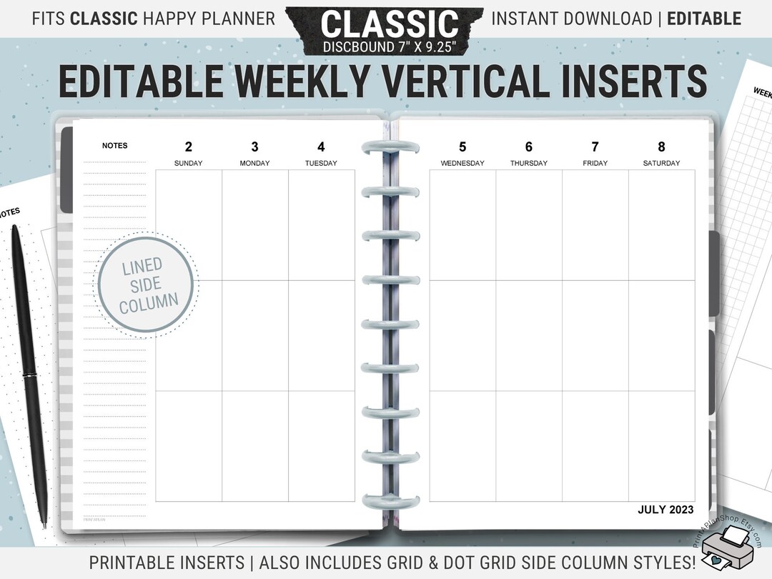 Editable Happy Planner Vertical Layout, HP Classic, Printable Weekly Planner Inserts, Undated ...