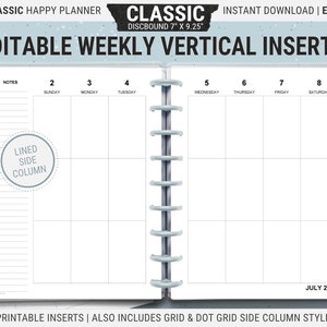 Editable Happy Planner Vertical Layout, HP Classic, Printable Weekly Planner Inserts, Undated Pages, Digital Download PDF