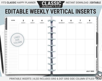 Editable Happy Planner Vertical Layout, HP Classic, Printable Weekly Planner Inserts, Undated Pages, Digital Download PDF