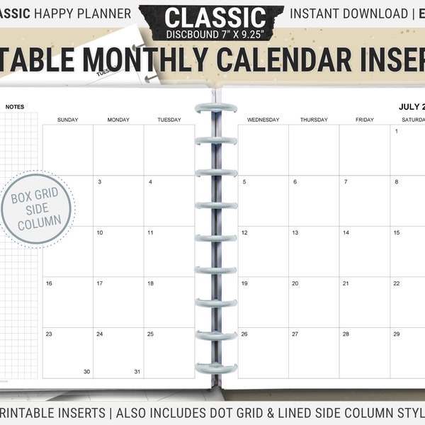 Editable Classic Happy Planner Monthly Calendar Inserts, Printable Undated Pages, Digital Download PDF