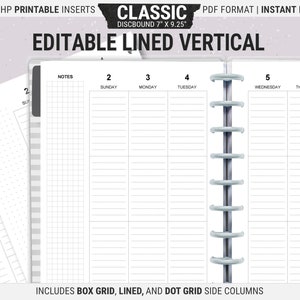 May include: Printable planner inserts for a classic discbound planner. The inserts are 17.8 cm by 23.5 cm and include lined, grid, and dot grid pages. The pages are white and have black lines. The planner is shown with a silver binding.