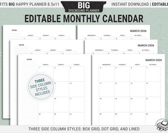 Editable BIG Happy Planner Calendar Inserts, Printable Monthly Planner Pages, Undated, Digital Download PDF