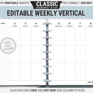 May include: Printable weekly vertical planner page for a 7 inch by 9.25 inch discbound planner. The page is divided into eight columns for each day of the week, with a notes section on the left. The page is labelled with the month of July 2025. The page also includes a lined side column.