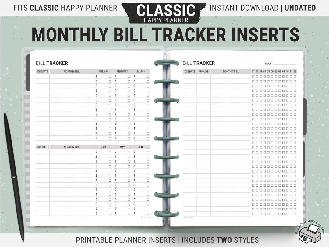 Classic Happy Planner Bill Tracker Inserts, Printable Payment Planner ...