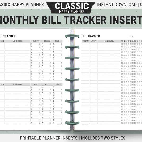 Classic Happy Planner Bill Tracker Inserts, Printable Payment Planner Inserts, Digital Download PDF