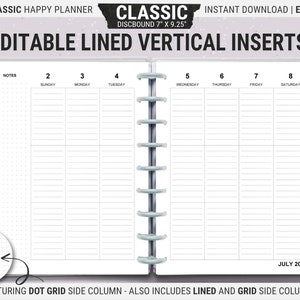 Editable Happy Planner Lined Vertical Layout, HP Classic, Printable Weekly Planner Inserts, Undated Pages, Digital Download PDF