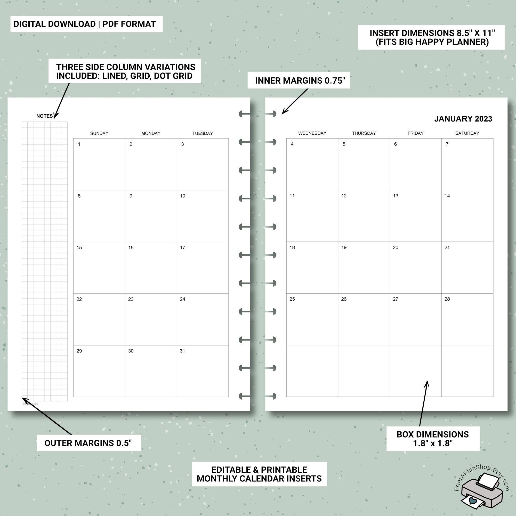 Editable BIG Happy Planner Calendar Inserts Printable Monthly - Etsy