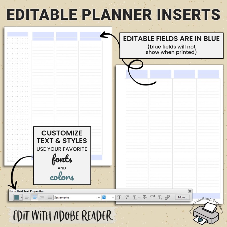 Not Editable Field Color Editable Big Happy Planner Inserts: Lined Vertical Layout (digital ...
