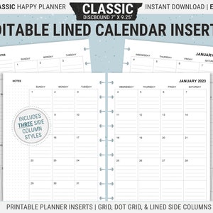 Editable Classic Happy Planner Lined Calendar Inserts, Printable Undated Pages, Digital Download PDF