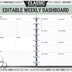 Diseño de panel de control Happy Planner clásico editable, inserciones de planificador semanal imprimibles, páginas sin fecha, descarga digital PDF