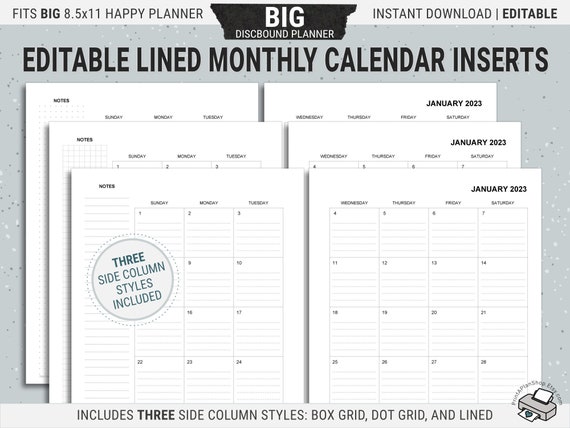 Editable BIG Happy Planner Lined Calendar Inserts Printable - Etsy