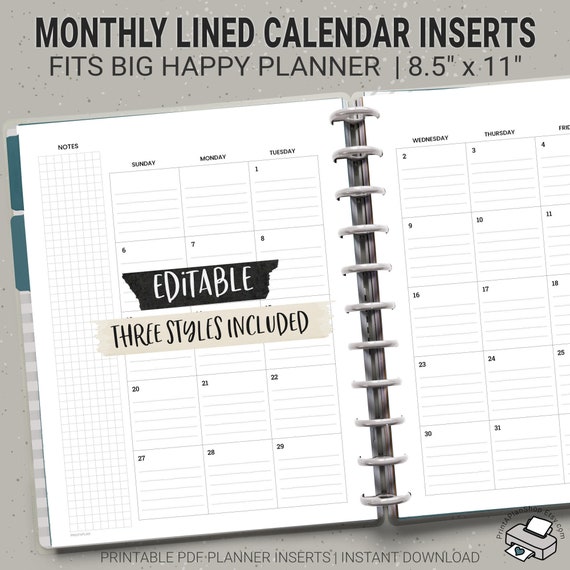 Editable BIG Happy Planner Lined Calendar Inserts Printable - Etsy