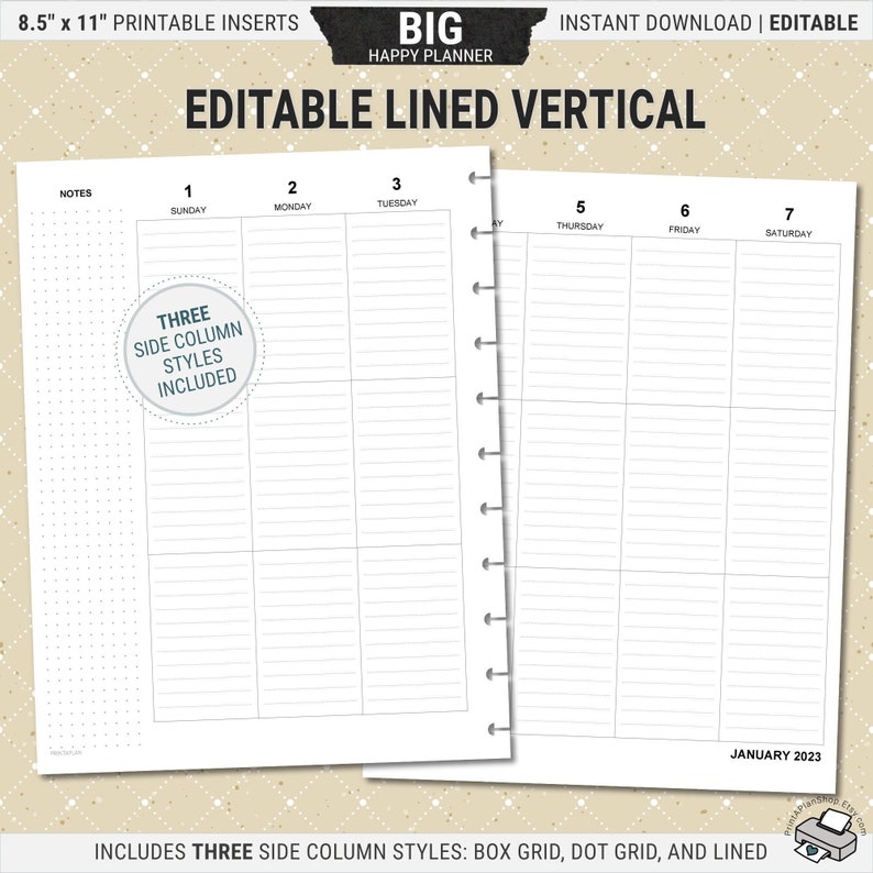 Editable BIG Happy Planner Vertical Inserts, Printable Weekly Planner ...