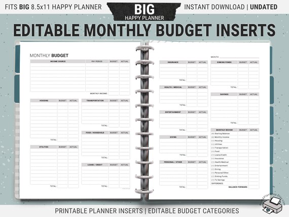 Editable BIG Happy Planner Monthly Budget Inserts Printable - Etsy