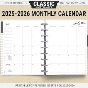 Calendario mensual Happy Planner clásico 2025-2026, páginas imprimibles, descarga digital en PDF