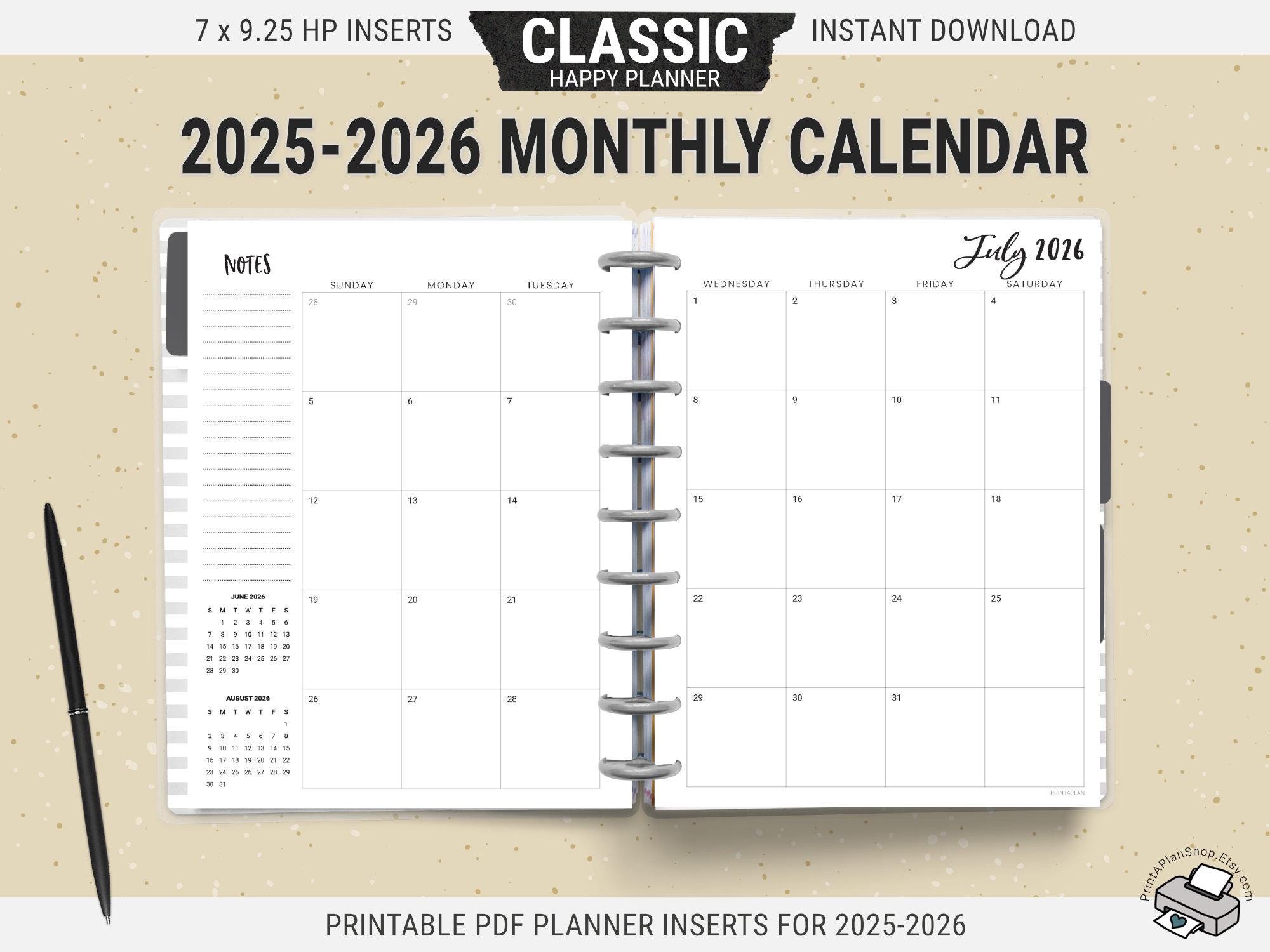 2025-2026 Classic Happy Planner Monthly Calendar Inserts, Printable Pages, Digital Download PDF