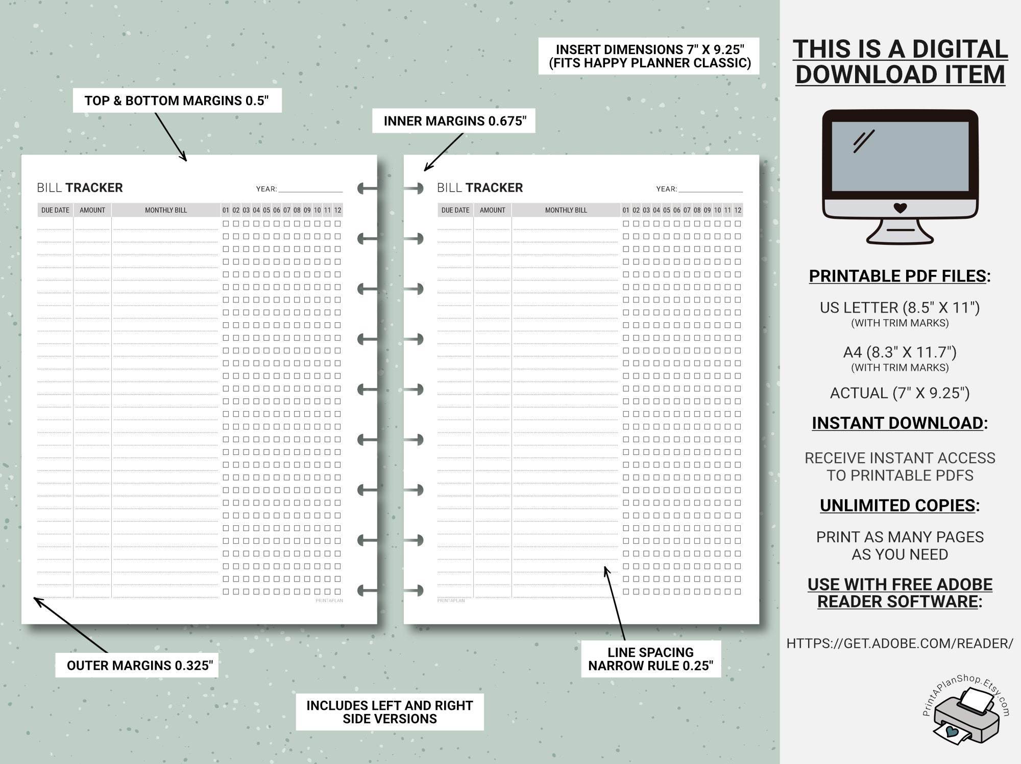 Classic Happy Planner Bill Tracker Inserts Printable Payment - Etsy