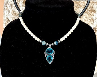 Stunning 925 stamped sterling silver blue topaz pendant necklace with Imperial Jasper, Impression Jasper, Hematite, and Howlite beads.