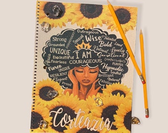 Personalized Black Woman Glitter Notebook: Back To School