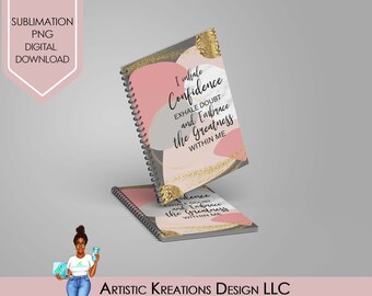 May include: A pink and gray spiral bound notebook with gold glitter and abstract shapes. The notebook cover features the text "I inhale Confidence Exhale Doubt and Embrace the Greatness Within Me".