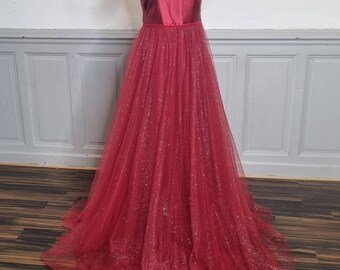 robe de soirée longue bordeaux buste satiné col bateau bas en tulle pailleté demoiselle d'honneur robe mariage cocktail cérémonie