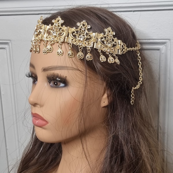 couronne frontal jbine en métal doré pierre blanche diadème oriental kabyle chaoui berbère mariage melhfa chaouia karakou