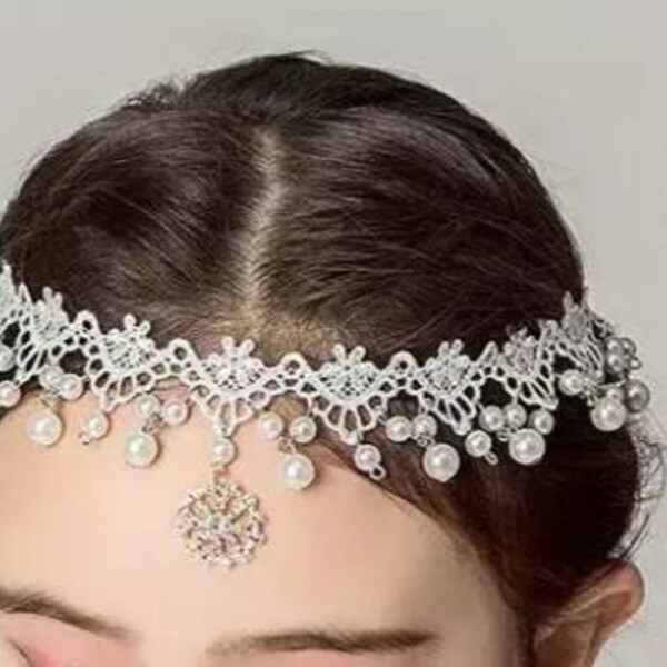 head jewel bridal hairstyle wedding lace and white pearl headband boho crown lace tiara