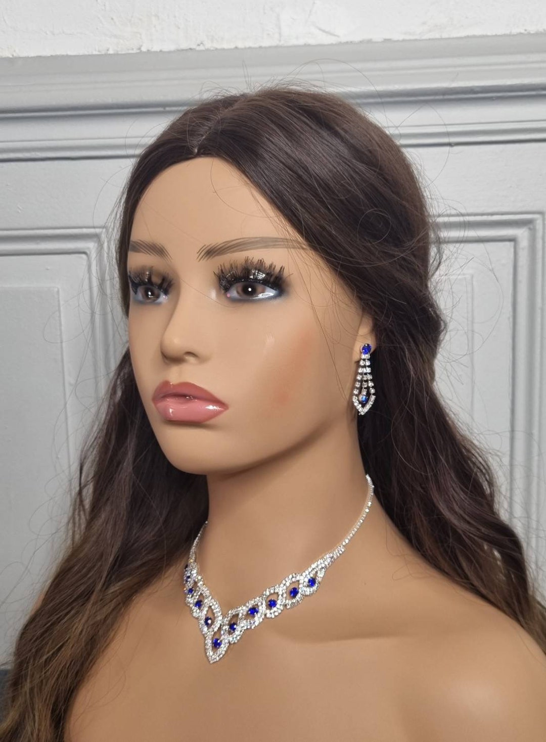 Silver Evening Wedding Set and Blue Stone Necklace and Earrings Bridal