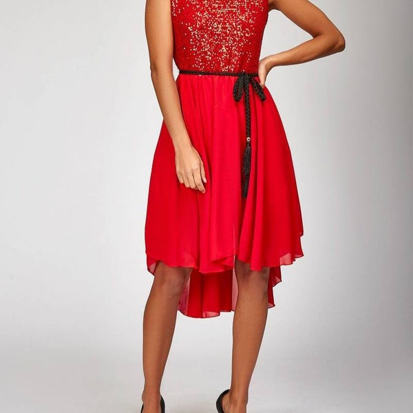 Robe de soirée sequins rouge avec ceinture noir cordon tressée tenue de fetes réveillon mariage