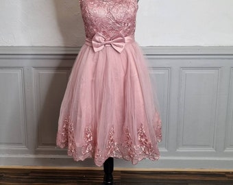 robe de soiree pin-up vieux rose tulle et dentelle cérémonie mariage demoiselle d'honneur taille 40