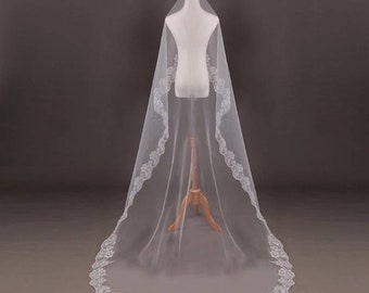 long veil in white tulle 3 or 5 meters lace border bridal wedding hairstyle