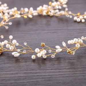 bijou de tête coiffure mariee mariage doré avec perles transparentes et blanche headband image 2