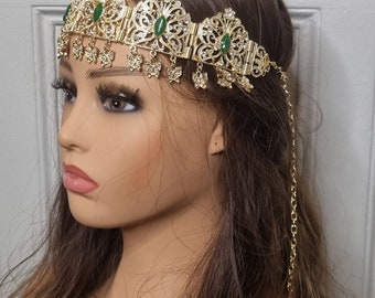 jbine frontal crown in gold metal green stone oriental tiara Kabyle chaoui Berber wedding melhfa chaouia karakou