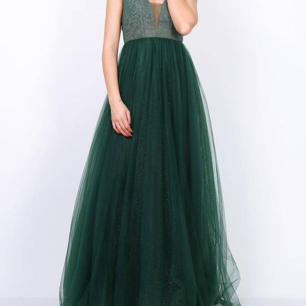 robe de soirée longue évasé en tulle entièrement pailleté bleu marine ou vert sapin dos nu robe mariage demoiselle d'honneur cocktail