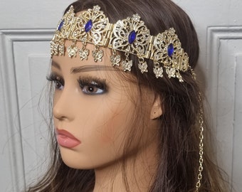 jbine frontal crown in gold metal blue stone oriental tiara Kabyle chaoui Berber wedding melhfa chaouia karakou