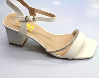 White, beige or black chunky heel barefoot shoes rhinestone strap square toe wedding party summer sandal