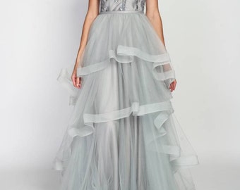 Long dress ceremony wedding gray froufrou bridesmaid cocktail