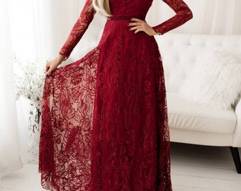 robe de soirée longue dentelle avec dos nu couleur bordeaux ou bleu marine demoiselle d'honneur tenue mariage cocktail cérémonie