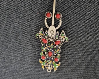 fibule/ broche berbère kabyle amazigh fantaisie en métal argenté et email coloré bijoux kabyle mariage berbere