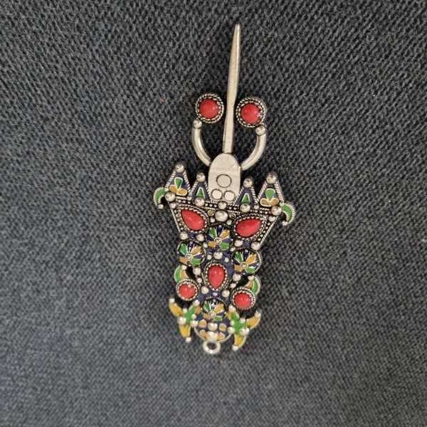 fibule/ broche berbère kabyle amazigh fantaisie en métal argenté et email coloré bijoux kabyle mariage berbere