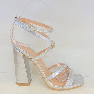 Chunky Silver Open Toe Wedding Sandal Pumps Square Toe Crossover Strap