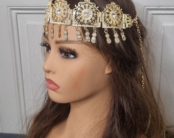 couronne frontal jbine en métal doré pierre blanche diadème oriental kabyle chaoui berbère mariage melhfa chaouia karakou