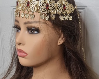 couronne frontal jbine en métal doré pierre rouge diadème oriental kabyle chaoui berbère mariage melhfa chaouia karakou