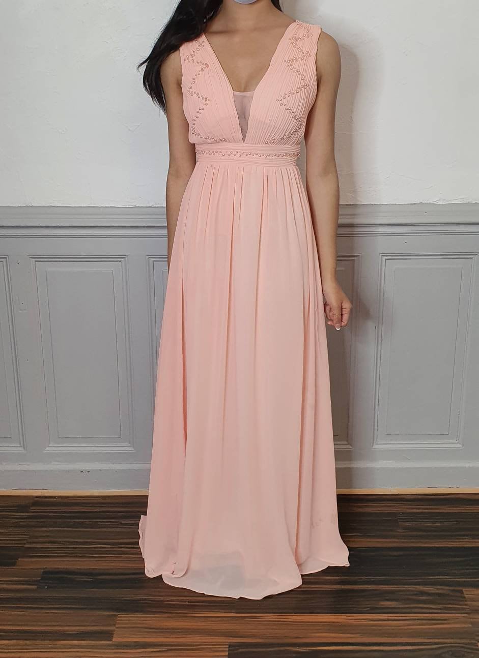 Long Draped Chiffon Evening Dress Embroidered With Light Pink - Etsy